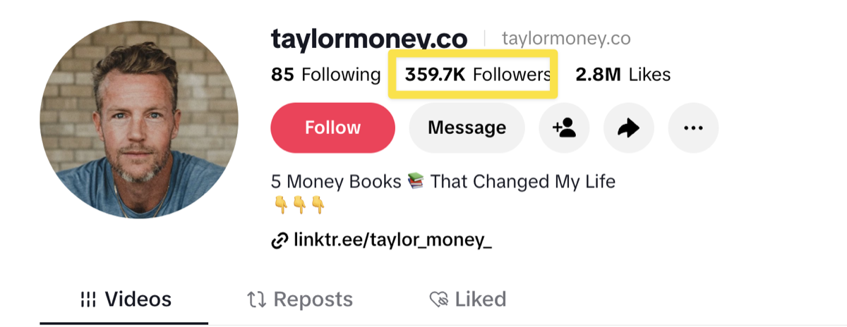 TikTok profile taylormoney.co with 359.7K followers and 2.8M likes