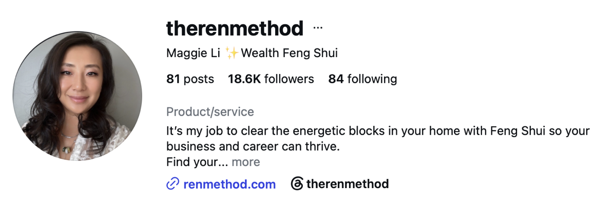 Maggie Li, The Ren Method, Instagram profile with 18.6K followers