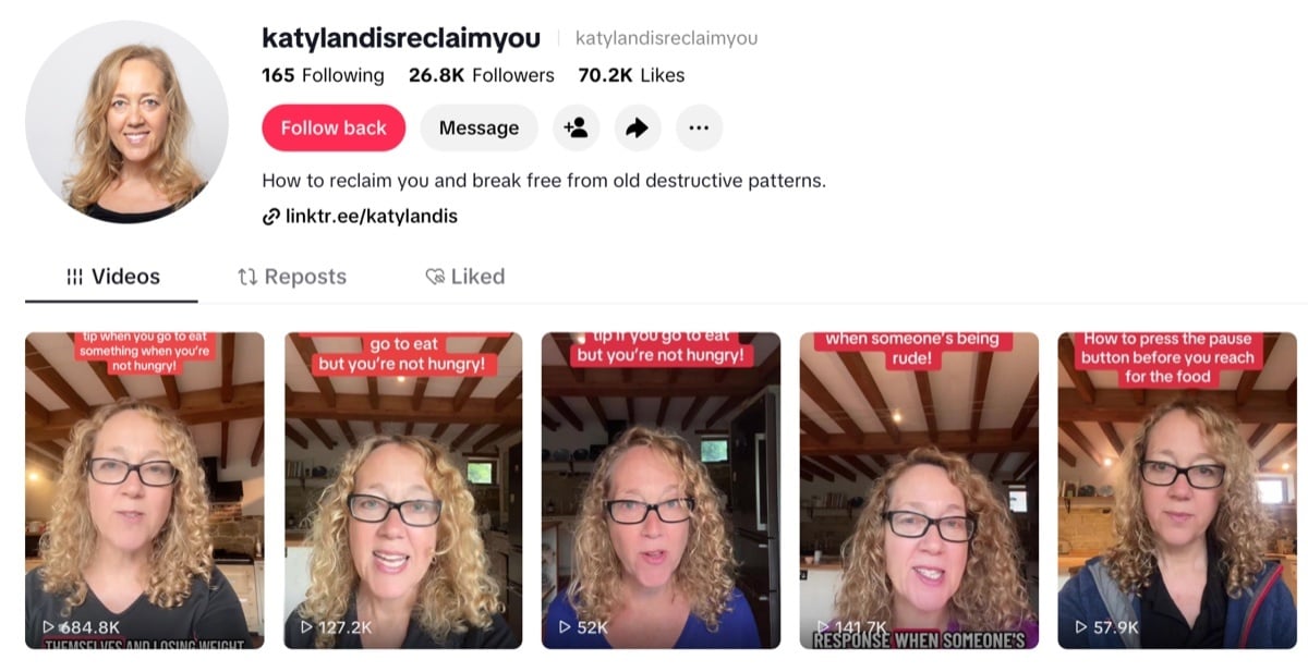 Katy Landis TikTok profile with 26.8K followers and videos up to 684.8K views