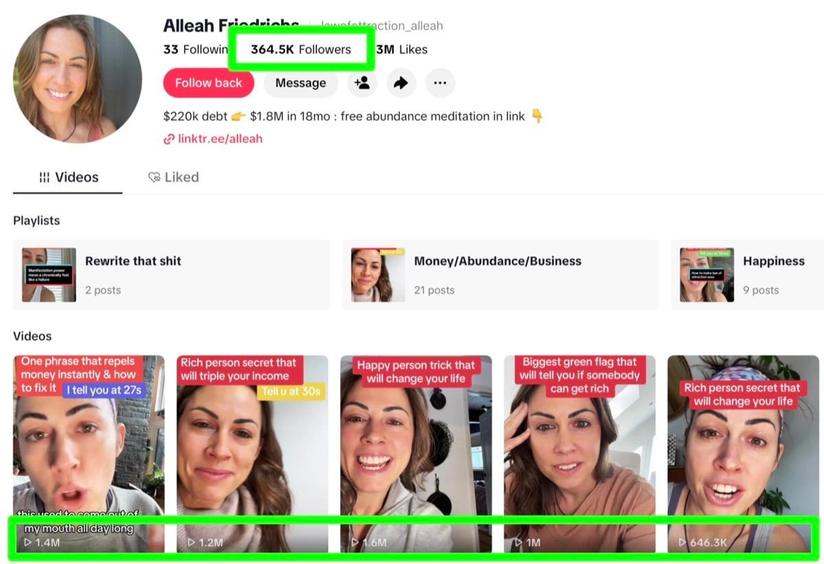 Alleah Friedrichs TikTok profile with 364.5K followers and videos over 1M views