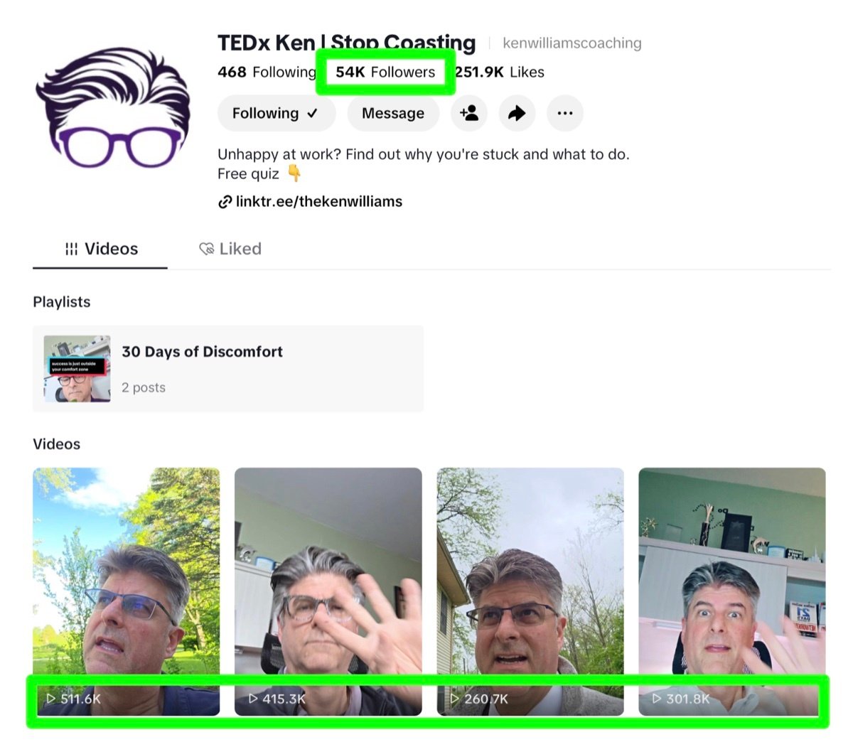 Ken Williams TikTok profile with 54K followers and videos over 500K views