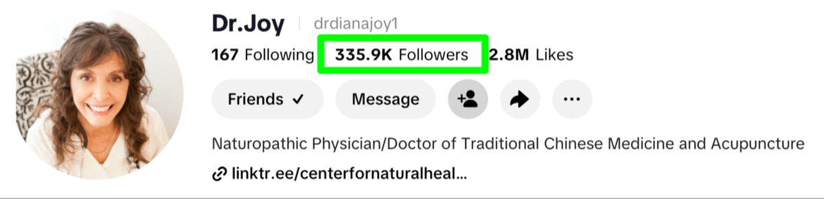 Dr. Diana Joy TikTok profile with 335.9K followers and 2.8M likes