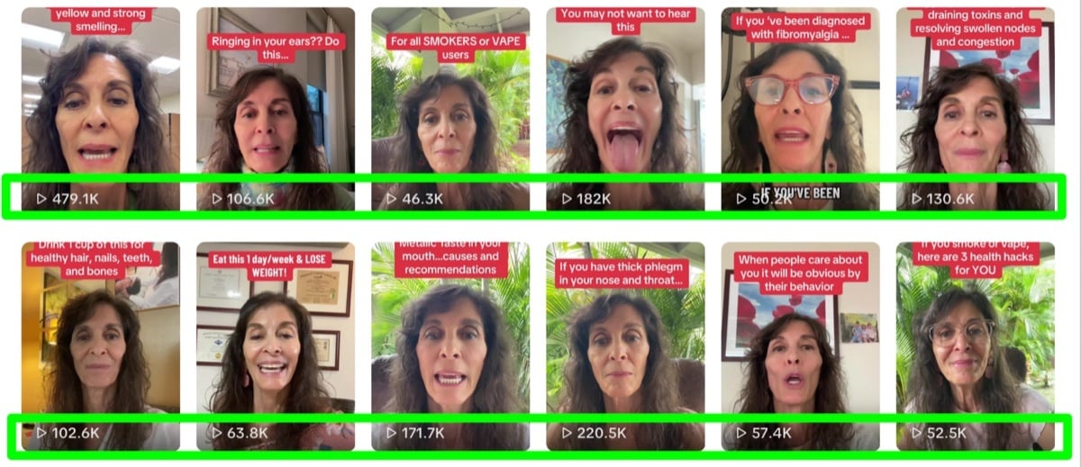 Grid of Dr. Joy TikTok videos ranging from 46K to 479K views