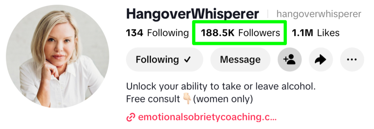 Hangover Whisperer TikTok profile with 188.5K followers and 1.1M likes