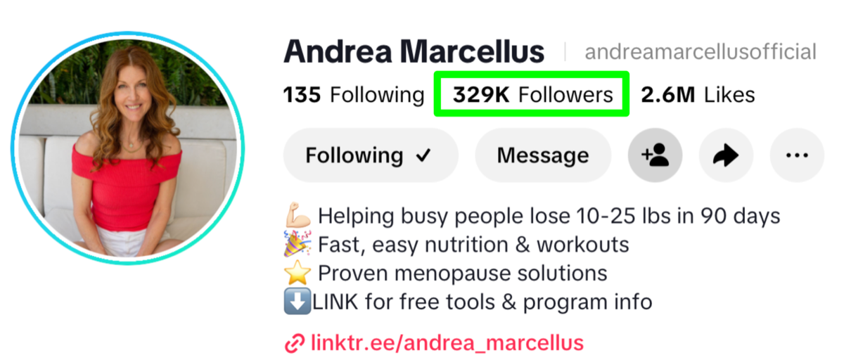 Andrea Marcellus TikTok profile with 329K followers and 2.6M likes