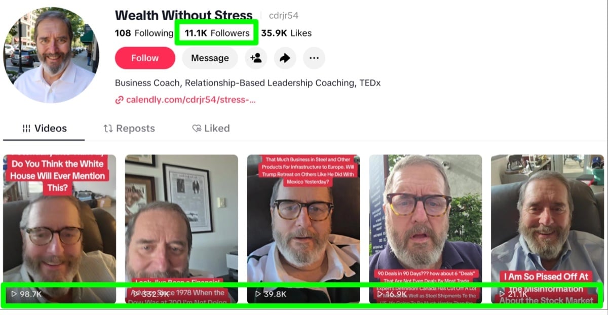 Wealth Without Stress TikTok profile with 11.1K followers and videos up to 332.9K views