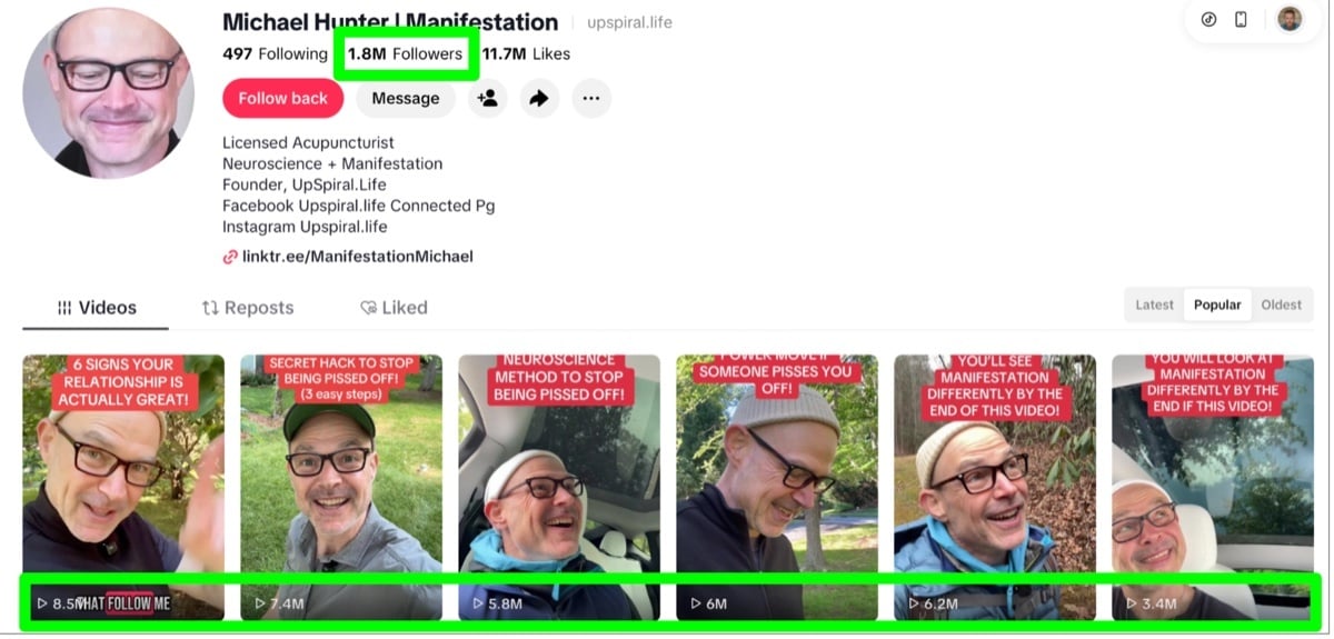 Michael Hunter TikTok profile with 1.8M followers and videos up to 8.5M views